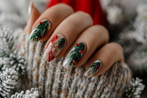Woman's fingernails with red, green and white colored nail polish with seasonal Christmas design.