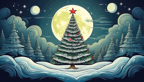 Illustration of a Christmas tree in a snowy landscape on a starry night with a full moon,