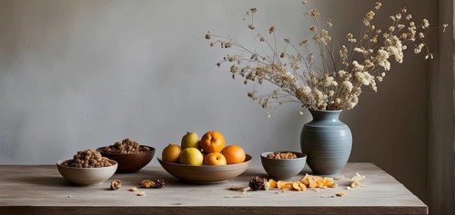 Still life scene of a simple wooden table with a vase of dried flowers, a few ceramic bowls, and