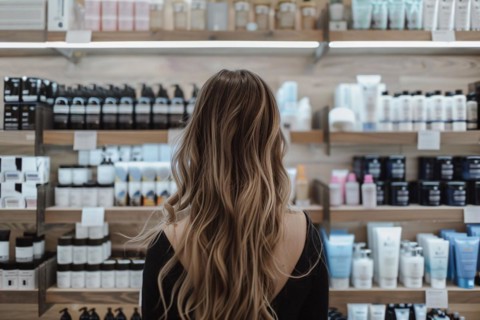Young woman standing in front of shelves with cosmetic and makeup products in store. KI generiert,