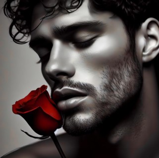 A young man, dreamy, with a red rose, symbolic image romantic, romance, dreaming, love, in love,