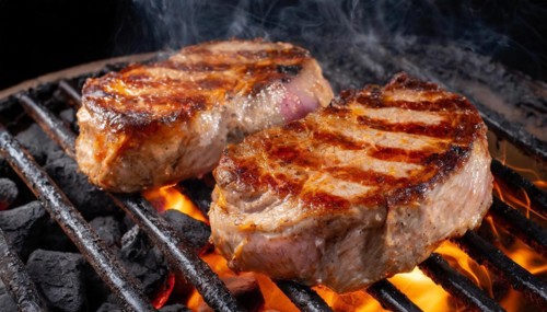 Food, dishes, two pork steaks on a charcoal grill with glowing charcoal, KI generated, AI generated