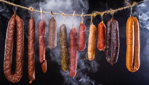 Food, various smoked sausages hanging on a string next to each other in the smoker, AI generated,