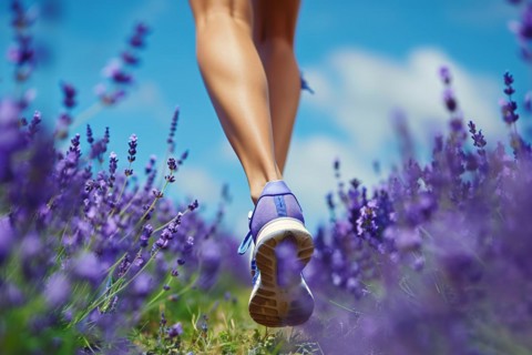Back view of woman's legs with sport shoes jogging in through field of purple lavender flowers. KI