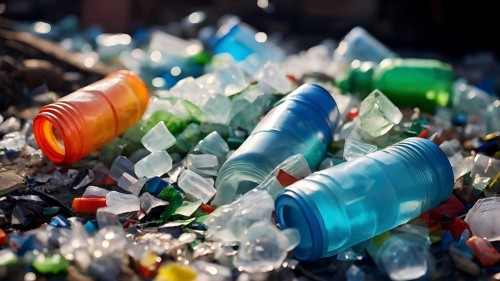 Plastic recycling process with shredded pet bottles and assorted plastic waste compressed, AI