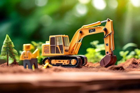 Vintage wooden excavator toy with a playful design in front of blurred background, AI generated