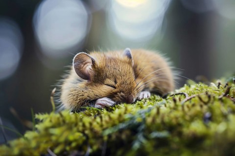 Cute small brown mouse sleeping on forest ground. Generative AI, AI generated