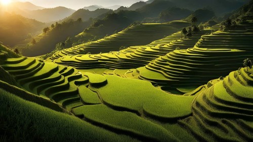 Early morning light bathes Philippines rice terraces cascading down mountain slopes, AI generated