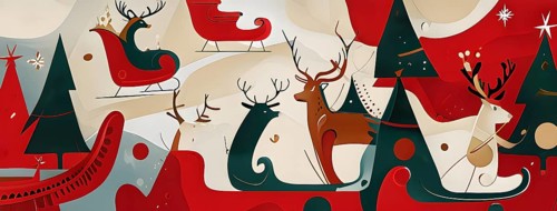 Whimsical abstract scene with stylized reindeer and sleighs to capture the magic of Christmas, AI