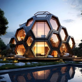 Modern residential house inspired by honeycomb hexagonal patterns, AI generated