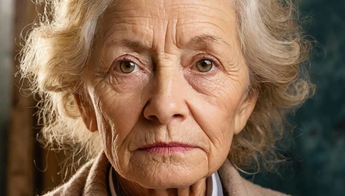 Close-up of the face of an old woman with a neutral expression and grey hair, AI generated, AI