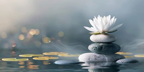 Zen stacking stones piled in balanced with white lotus flower on top. Generative Ai, AI generated