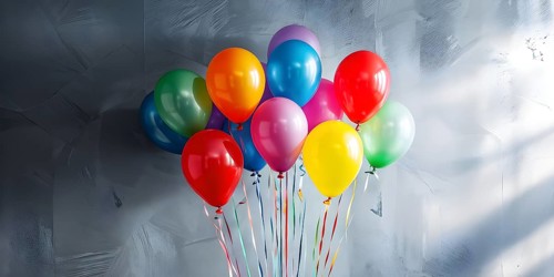 AI generated cluster of vibrant helium balloons floating against a grey background