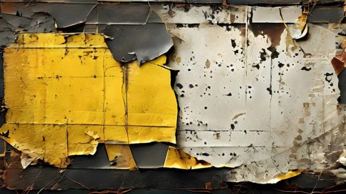 Vintage style collage featuring textured grunge posters in hues of black and yellow, AI generated