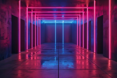 Room with modern futuristic pink and blue glowing neon light lines. KI generiert, generiert, AI