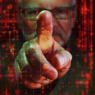 A finger points to a scanned, digitally captured fingerprint for biometric authentication,