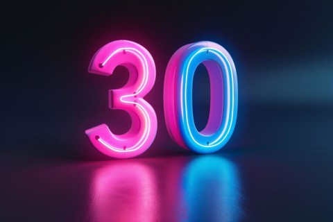 Neon pink and blue glowing number 30. KI generiert, generiert, AI generated