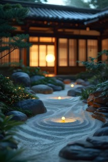 Zen garden bathed in the soft glow of dawn as a serene symbol for relaxation, AI generated