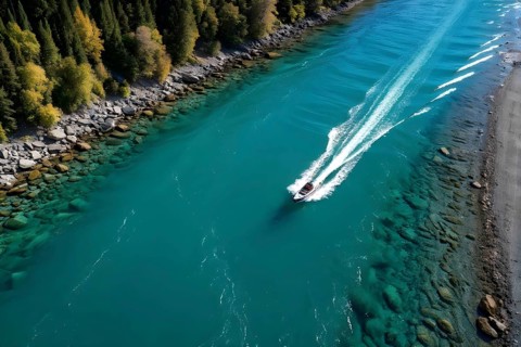 Aerial view on a high speed boat racing along a rivers serpentine, AI generated