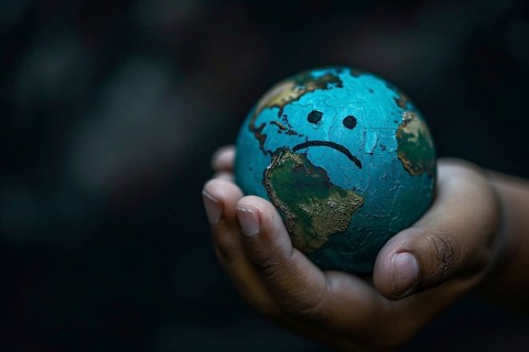 Hand holding small planet earth globe with sad face. Generative Ai, AI generated