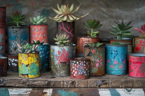 Concept for upcycling old tin cans as flower pots for succulent plants. Generative Ai, AI generated