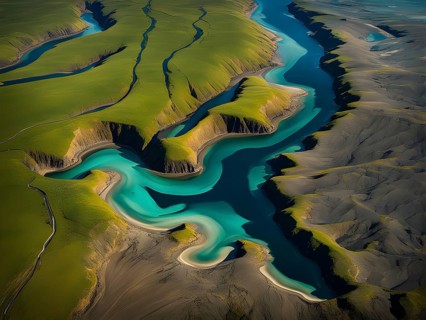 Aerial view perpendicular top down of an abstract colorful river along the coastline, AI generated