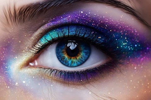 Close up of eye featuring vibrant colored eyelids with intense eye shadow, AI generated