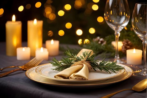 Beautifully decorated Christmas table setting with a golden napkin ring, sparkling cutlery, and a
