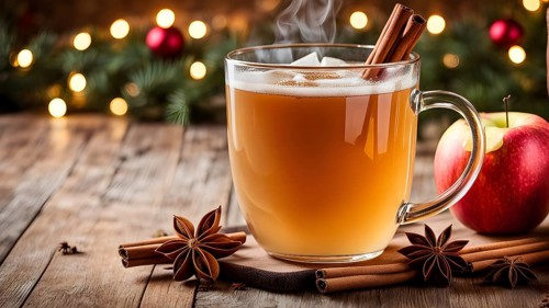 Steaming apple cider in a glass mug, garnished with a cinnamon stick and star anise, surrounded by