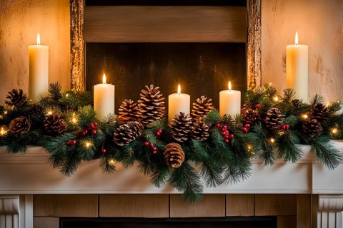 A cozy fireplace mantle decorated with pine cones, garlands, and lit candles, with a close-up focus