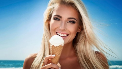 A blonde woman enjoys eating an ice cream cone, AI generated