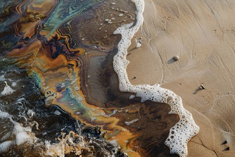 Oil pollution on ocean water at beach. Generative Ai, AI generated