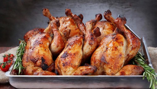 Food, lots of grilled chicken and chicken pieces on a buffet, AI generated, AI generated