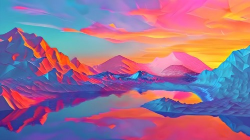 AI generated painting of a surreal landscape with mountains and a lake with digital brush strokes