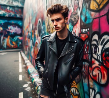 Portrait picture, a young man with leather jacket in front of a wall with graffiti, AI generated,