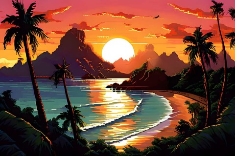 Pixel art illustration of a tropical island paradise with palm trees and sandy beach, AI generated