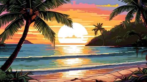 Pixel art illustration of a tropical island paradise with palm trees and sandy beach, AI generated