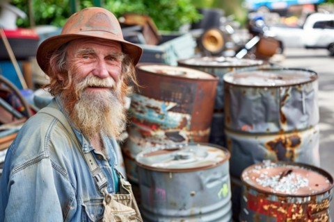 A red-haired man with a full beard, scrap dealer, in work clothes in a scrap yard, AI generated, AI
