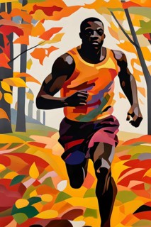 Wallpaper illustration of a jogger running through a park in vibrant autumn colors, AI generated