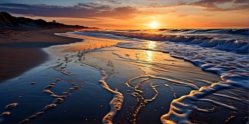 Sunset mood on a whispering tranquil costal landscape with sandy beach, AI generated