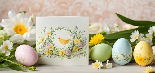 Easter card with delicate hand-drawn illustrations, placed among fresh flowers and decorated eggs,