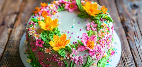 Decorated Easter cake with intricate icing flowers and colorful sprinkles, placed on a rustic