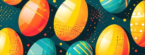 Abstract Easter egg design with geometric patterns, bold colors, and a mix of textures, creating a