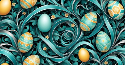 A whimsical abstract pattern with intertwined ribbons, eggs, and floral motifs, with a mix of sharp