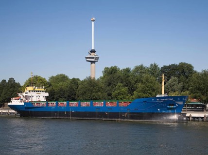 Cargo ship 'DC Merwestone' moored by Euromast tower, Port of Rotterdam, Netherlands