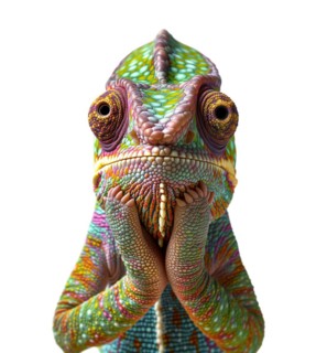 Beautiful contemplative chamaeleon with his hands on his chin isolated on a white background, AI