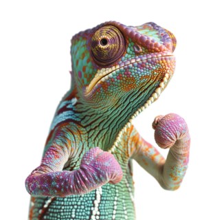 Beautiful chameleon standing ready to fight with his fists up isolated on a white background, AI
