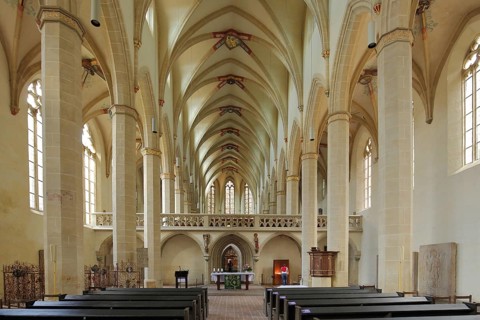 Interior view with rood screen of the Gothic Predigerkirche, Erfurt, Thuringia, Germany, Europe