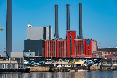 Smokestacks, combined heat and power plant, H.C. Ørsted, at the harbour, Nobelholmen, near