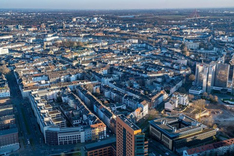 View over the city centre of Düsseldorf, residential area in the Friedrichstadt district, Neusser